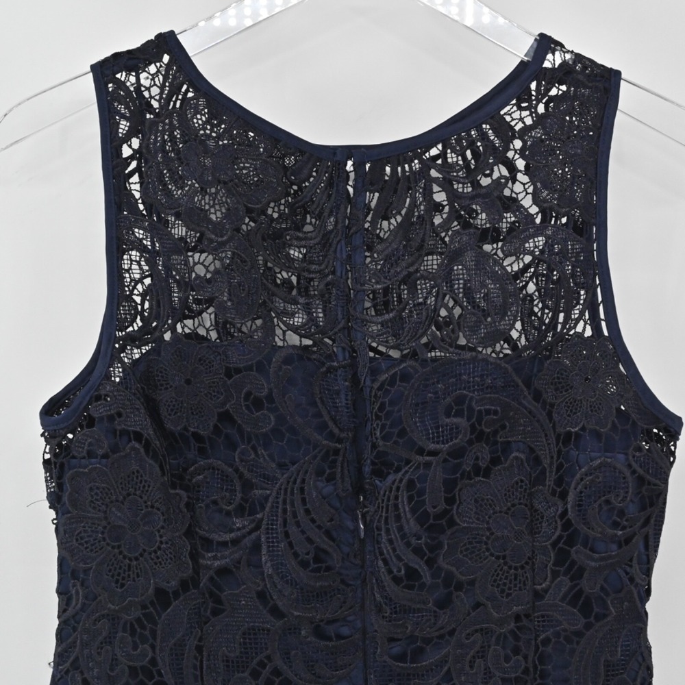 Adrianna Papell Lace Sheath Dress Womens Size 6 Navy Blue Floral Cocktail Party - Picture 11 of 12